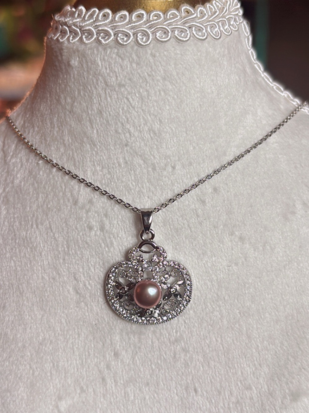 Pink Pearl | Pumpkin Pendant Necklace |CZ Accents | 925 Sterling Silver